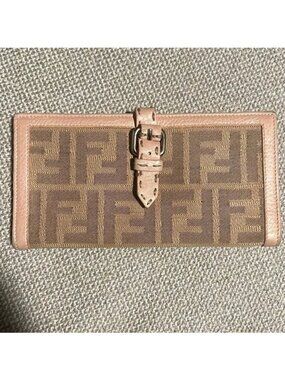 Fendi Zucca Canvas & Leather Bifold Wallet In PINK & Brown With Snap Closure & I